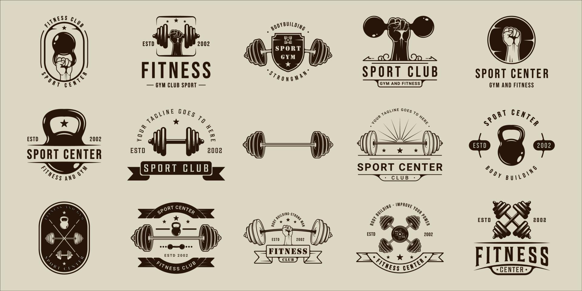 uppsättning gym eller fitness logotyp sport linje vintage vektor illustration mall ikon grafisk design. bunt samling av olika body building tecken eller symbol för träningscenter koncept typografi