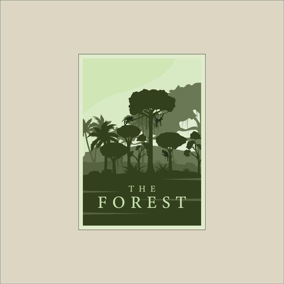 skog eller djungel med olika träd affisch vintage minimalistisk vektor illustration mall grafisk design. vilda djur utomhus i djungeln med apa för affärsresor äventyr eller miljö koncept