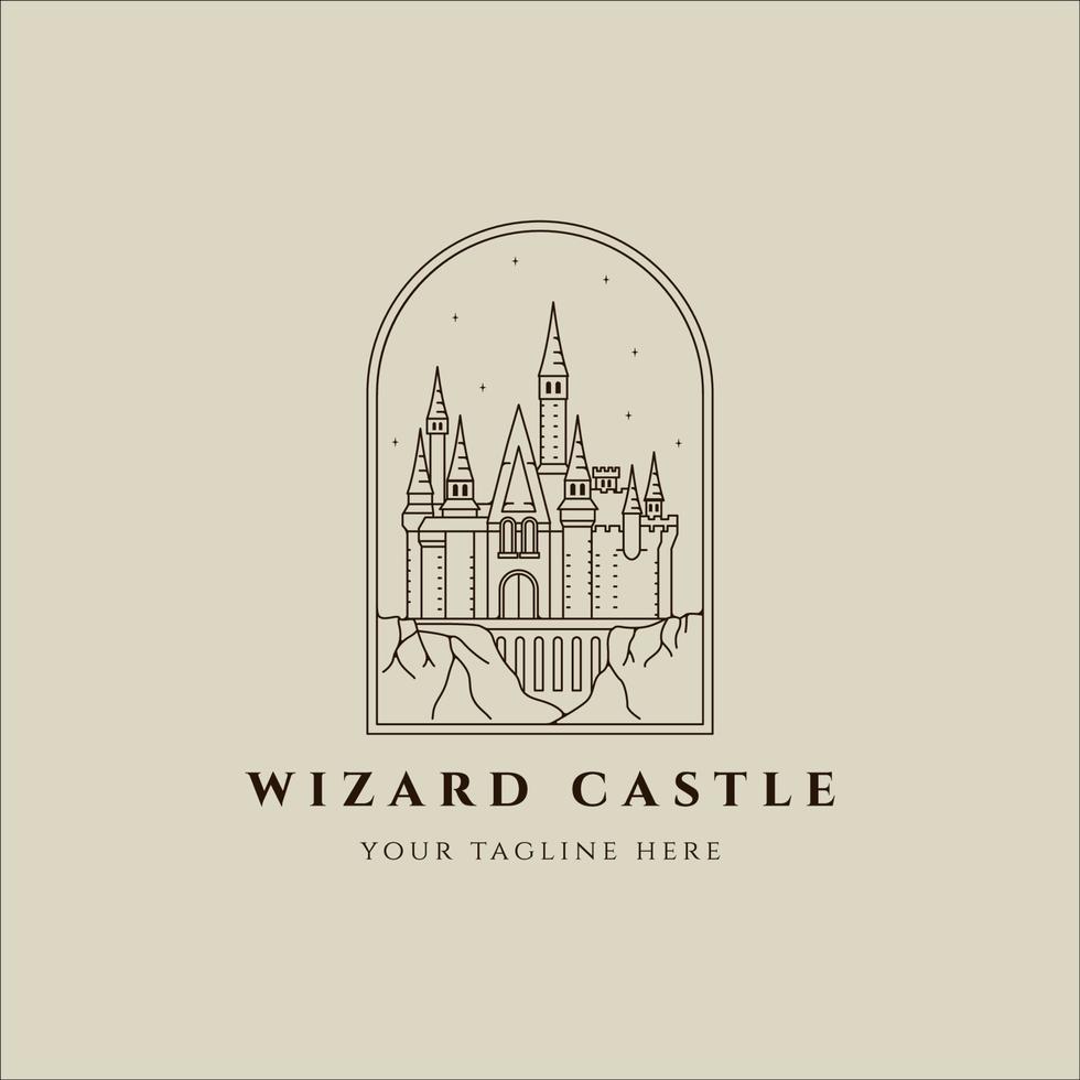 magiska slottet linjekonst logotyp vektor illustration mall ikon grafisk design. historisk byggnad skylt eller symbol tryck för klädsel t-shirt med märke