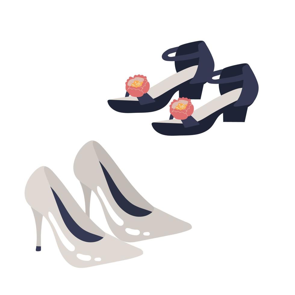 Satz von Frau Schuhe Vektor-Symbol isoliert auf weißem Hintergrund Schuhe mit hohen Absätzen, Sandalen mit einer Blume vektor