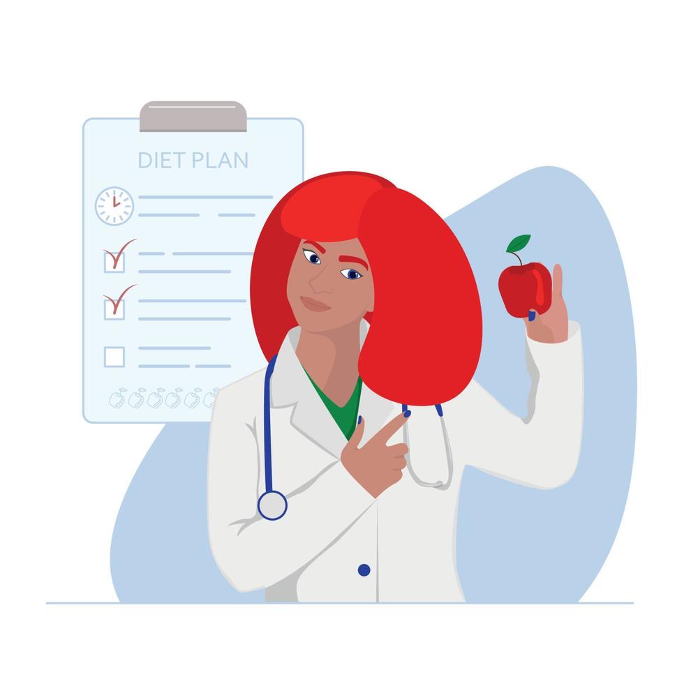 nutritionist kvinna läkare hoding rött äpple och tablett med diet plan på bakgrunden vektor