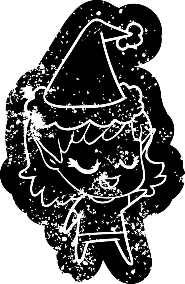 Fröhliche Cartoon-Distressed-Ikone eines Elfenmädchens mit Weihnachtsmütze vektor