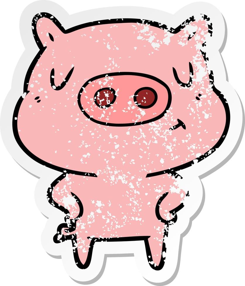bedrövad klistermärke av en tecknad innehåll gris vektor