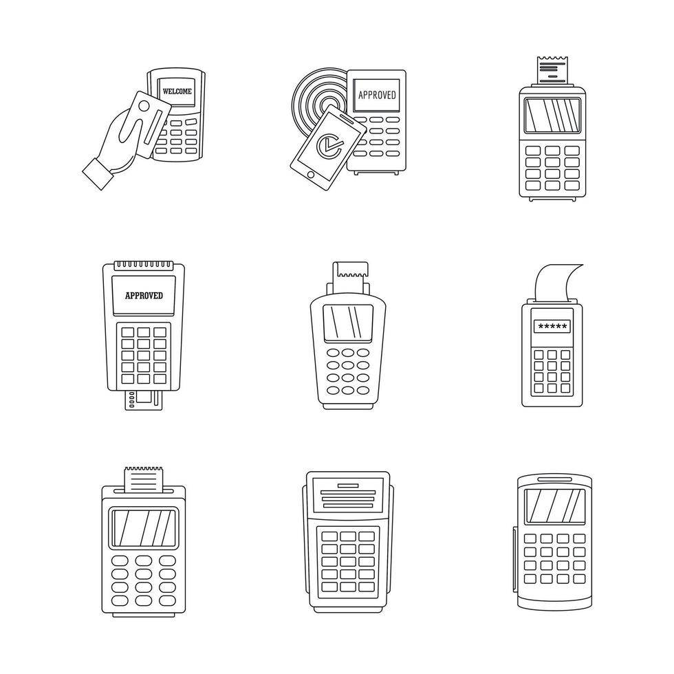 Bankterminal Kreditkartensymbole gesetzt, Umrissstil vektor