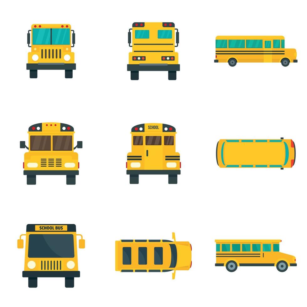 skolbuss tillbaka barn ikoner set, platt stil vektor