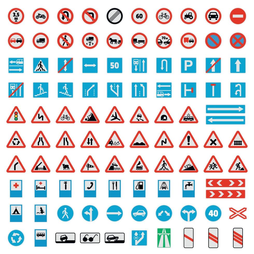 trafik vägskylt samling ikoner set, platt stil vektor