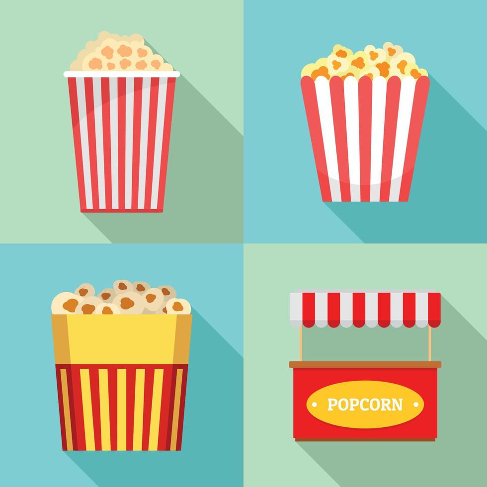 Popcorn-Kinobox gestreifte Symbole gesetzt, flacher Stil vektor