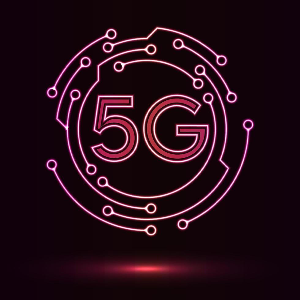 5g neue drahtlose Internet-WLAN-Verbindung des Kreis-Neonlichts, das in dunkler, globaler Netzwerk-Hochgeschwindigkeits-Innovationsverbindungs-Datenrate-Technologie-Vektorillustration leuchtet. vektor