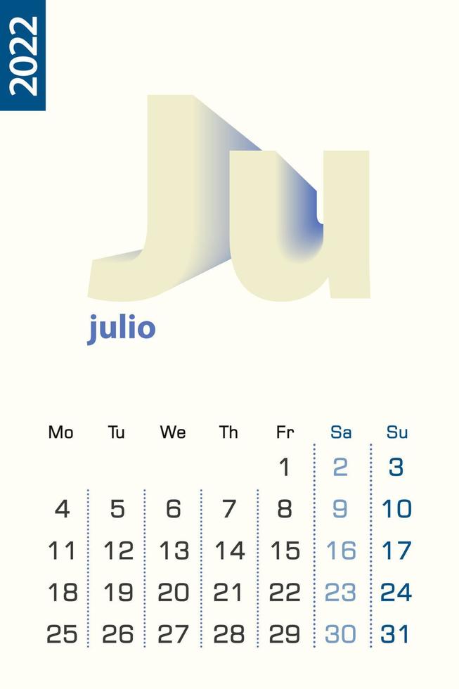 minimalistisk kalendermall för juli 2022, vektorkalender på spanska språket. vektor