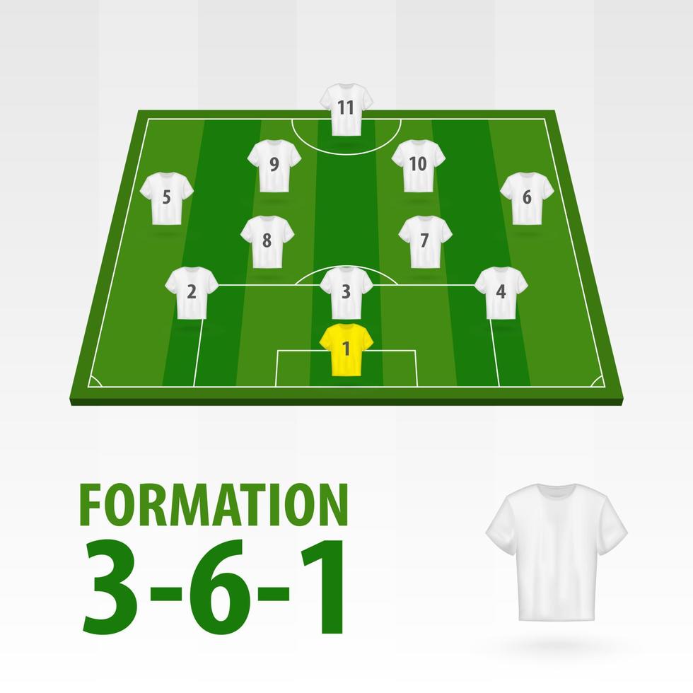 Aufstellungen von Fußballspielern, Formation 3-6-1. Fußball halbes Stadion. vektor