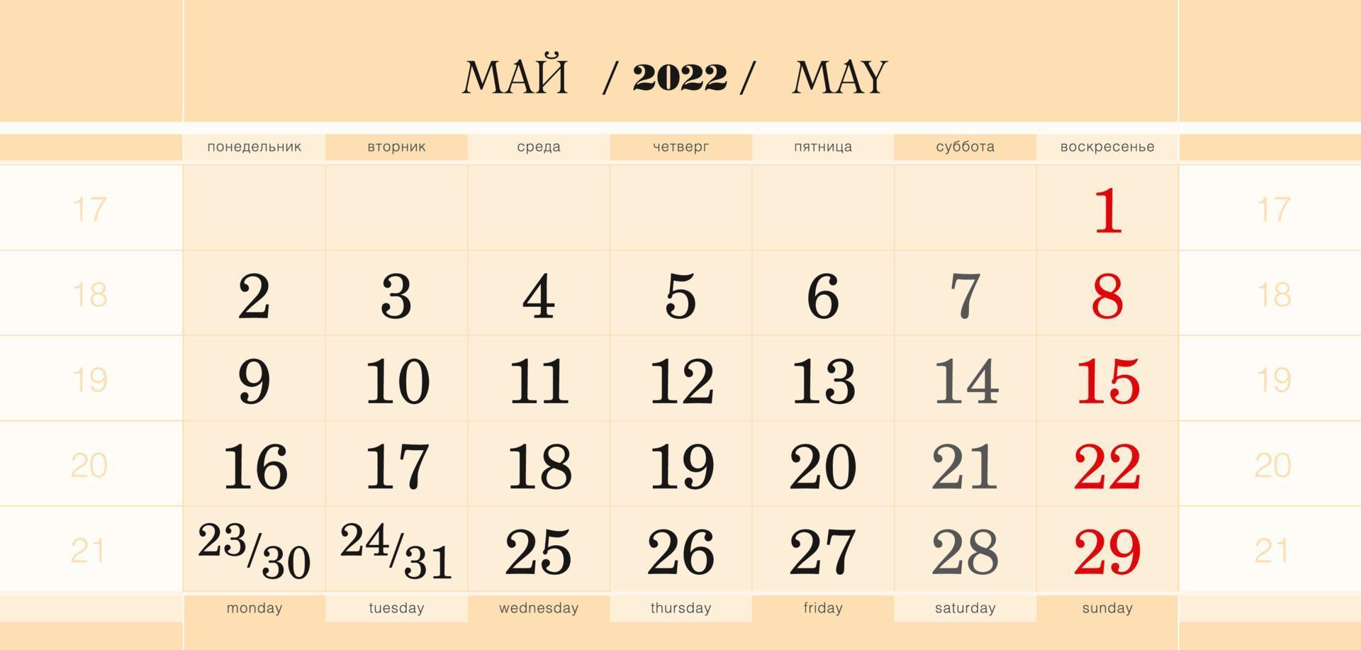 Kalendervierteljahresblock für das Jahr 2022, Mai 2022. Die Woche beginnt am Montag. vektor