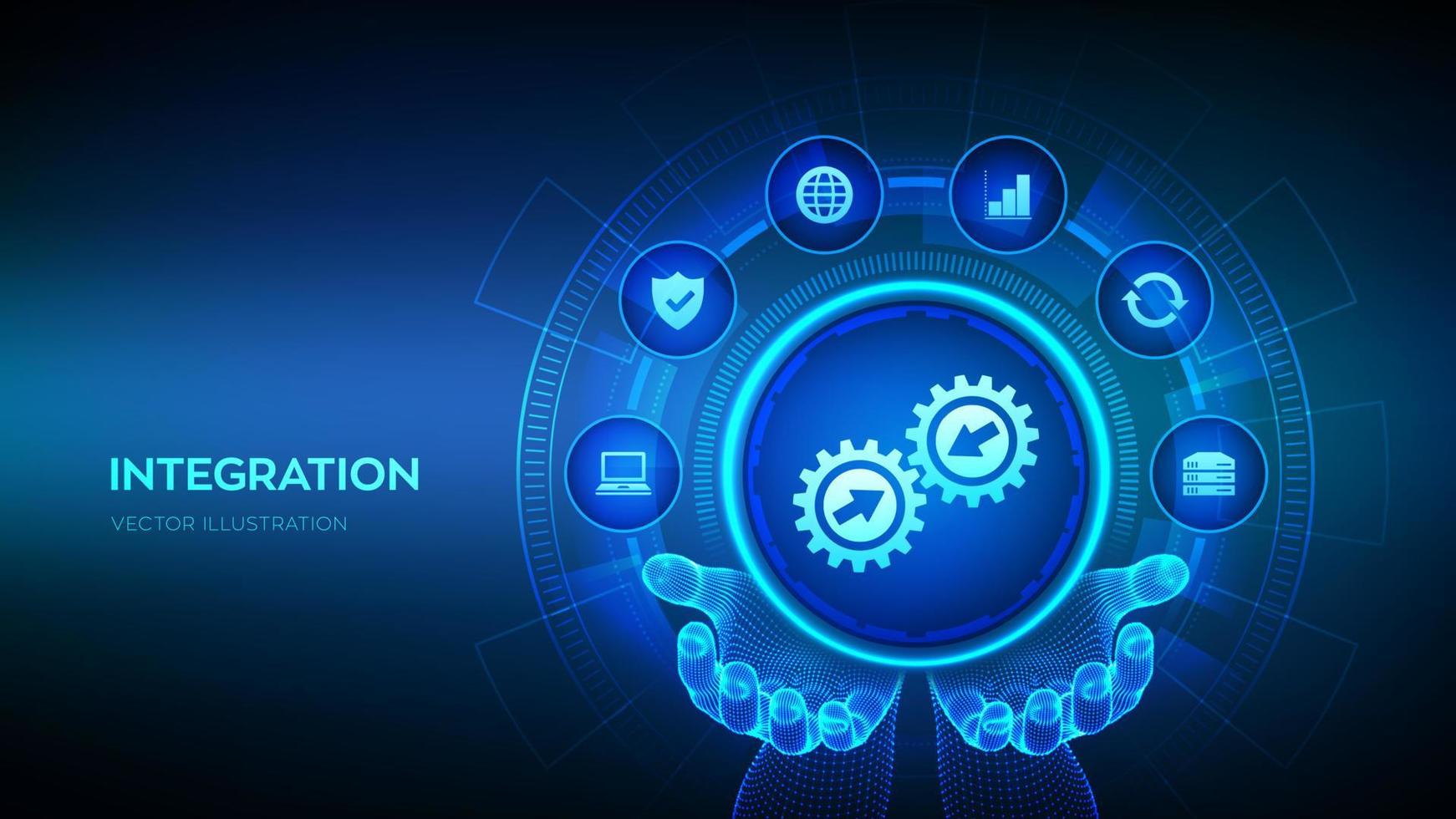 Integrationsdatensystem. Konzept der Systemintegrationstechnologie in Wireframe-Händen. industrielle und intelligente Technologie. Geschäfts- und Automatisierungslösungen. Vektor-Illustration. vektor