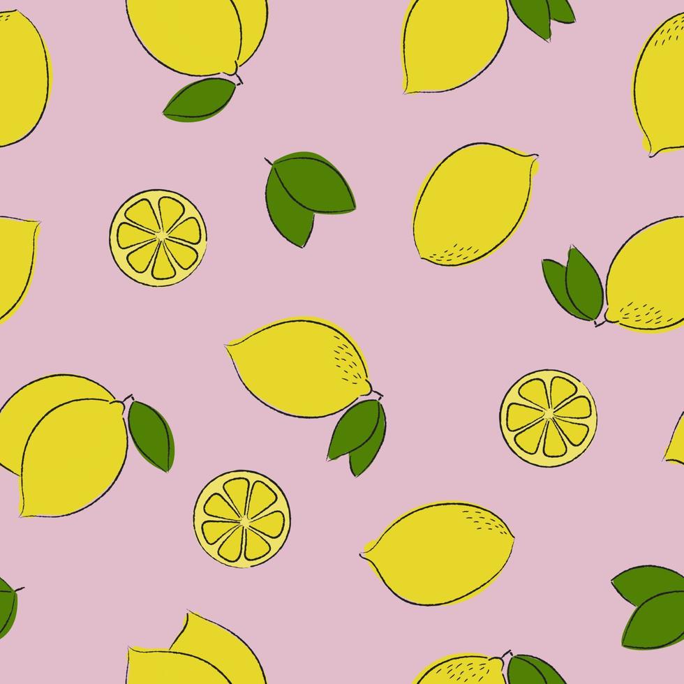 gula citroner och gröna blad seamless mönster. handritad med blyertskonturer vektor