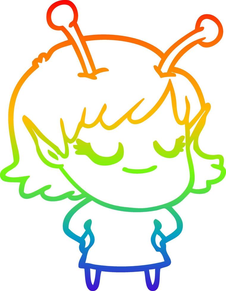 Regenbogen-Gradientenlinie, die lächelnde Alien-Mädchen-Karikatur zeichnet vektor