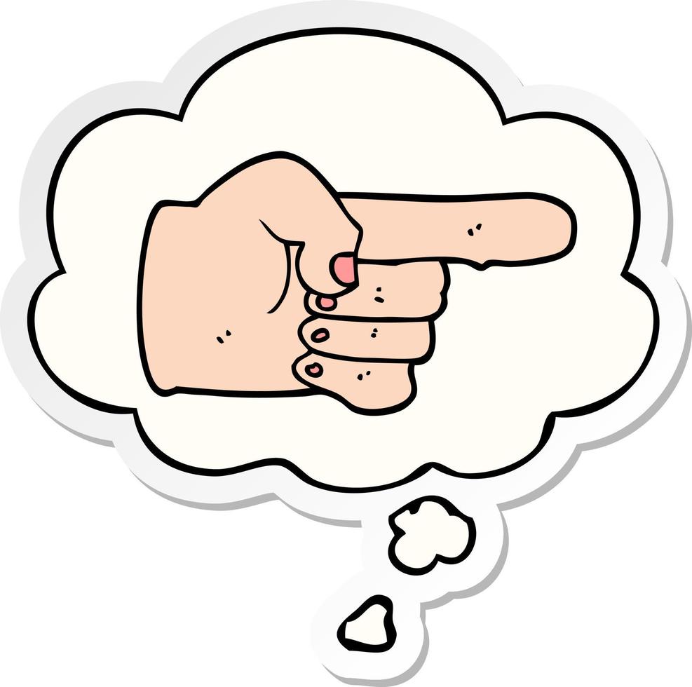 tecknad pekande hand och tankebubbla som ett tryckt klistermärke vektor