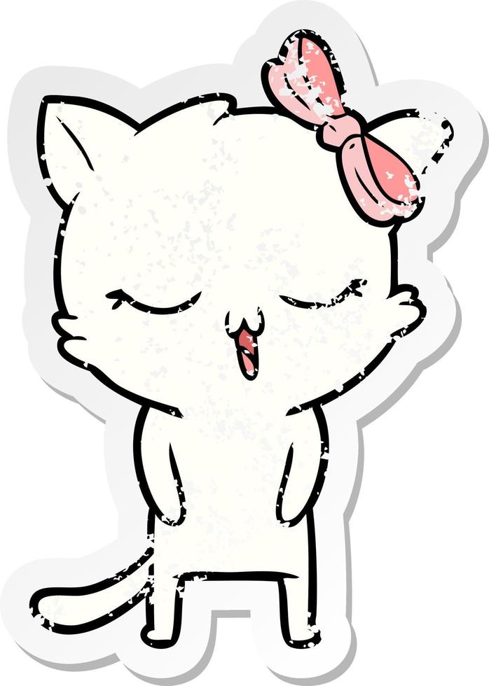 bedrövad klistermärke av en tecknad katt med rosett på huvudet vektor