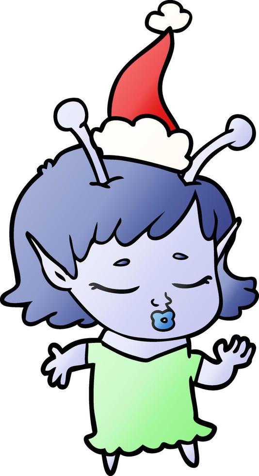 süßer Alien-Mädchen-Gradienten-Cartoon einer tragenden Weihnachtsmannmütze vektor