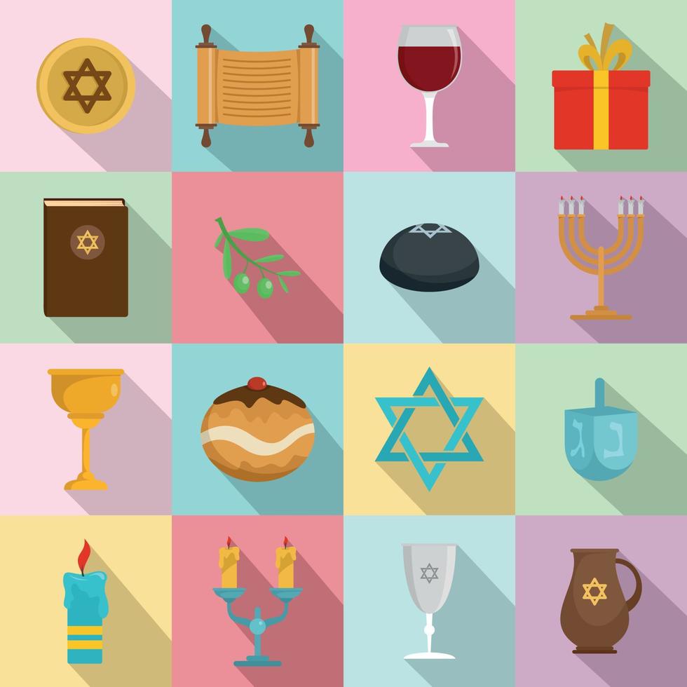chanukah judiska semester ikoner set, platt stil vektor