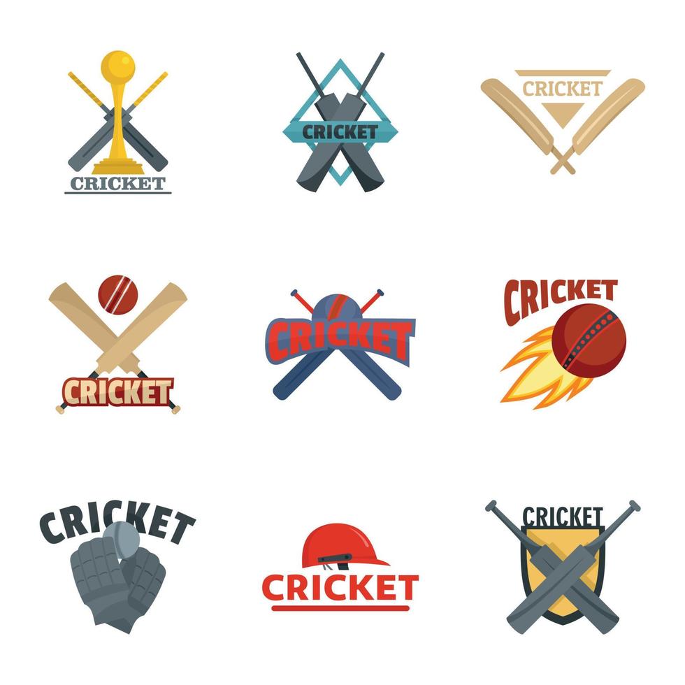 cricket sport bollträ logotyp ikoner set, platt stil vektor