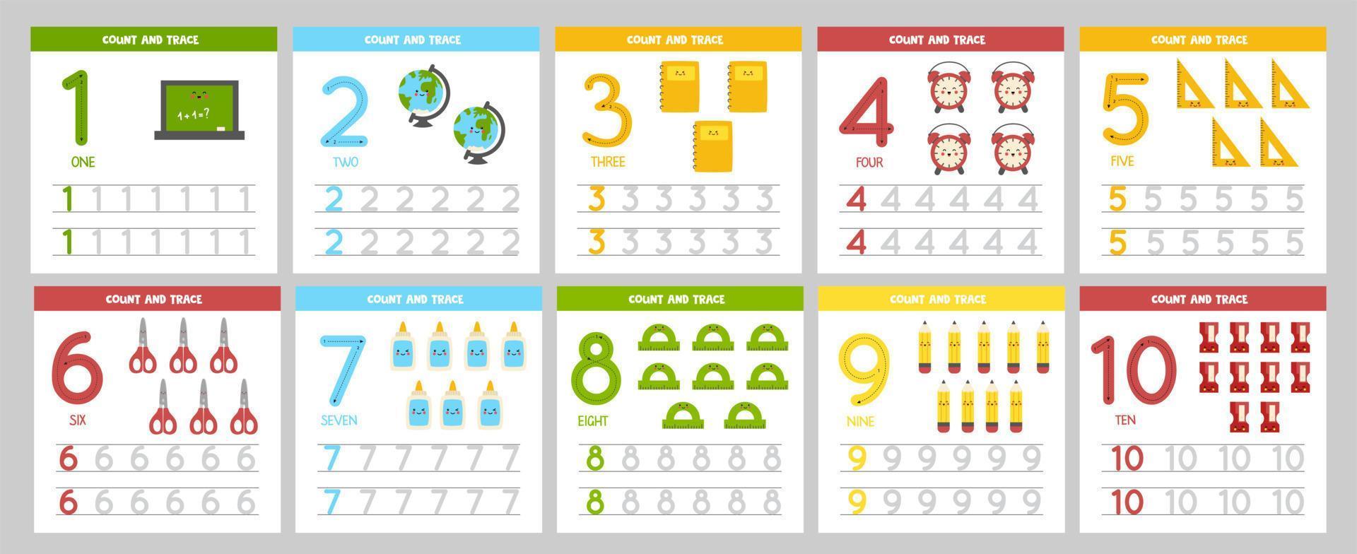 uppsättning nummerspårningskort med kawaii skolmaterial. lära sig siffror för barn. vektor