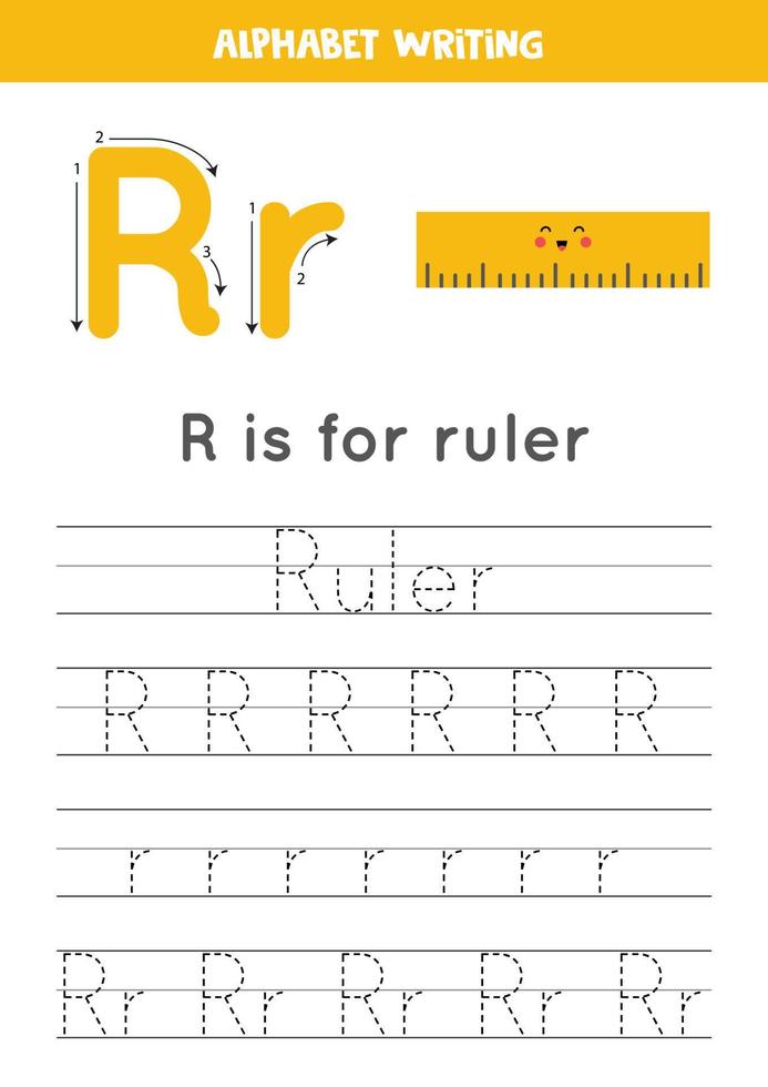 lära sig engelska alfabetet för barn. bokstaven r. söt kawaii linjal. vektor