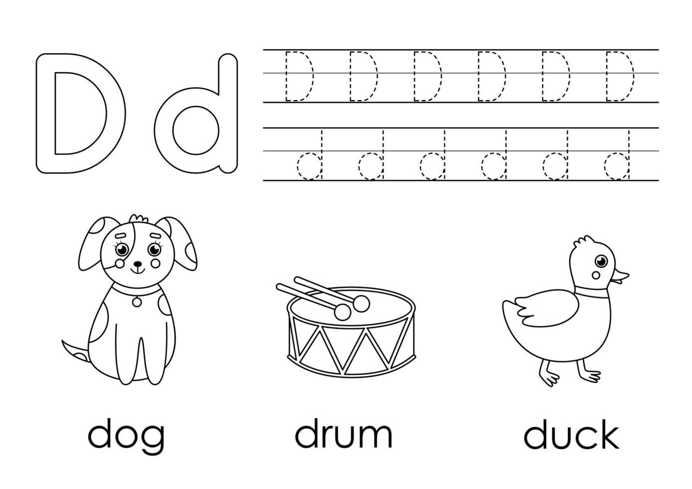 Englisches Alphabet lernen für Kinder. Buchstabe d. Malbuch. vektor