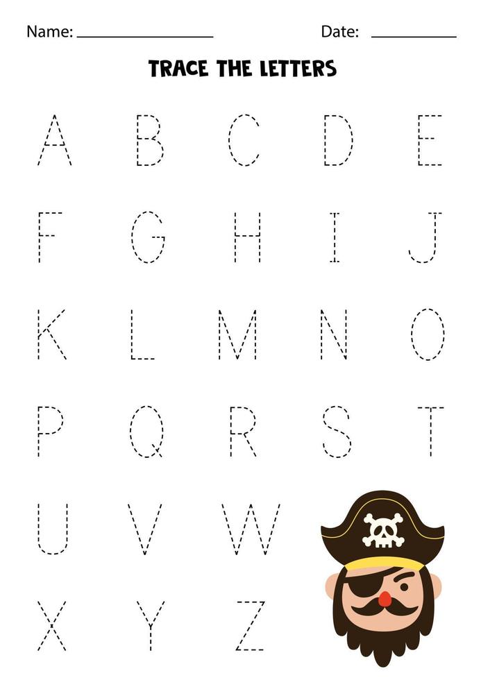 kalkylblad med pirat. spåra versaler i alfabetet. vektor