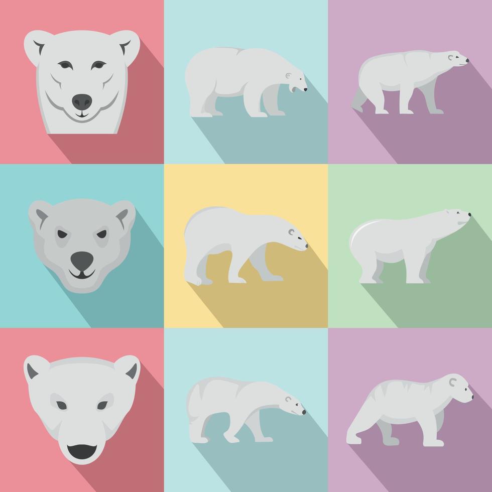 isbjörn baby vita ikoner set, platt stil vektor