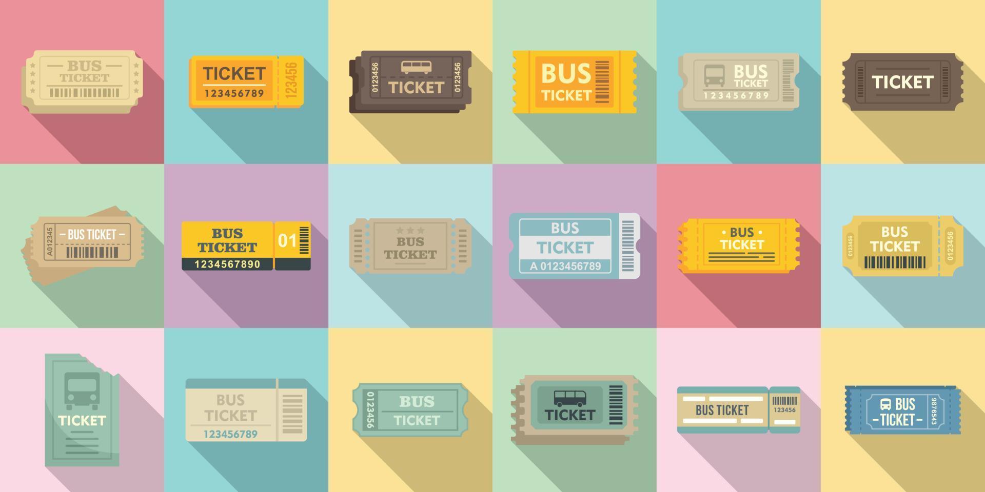 buss biljettförsäljning ikoner set, platt stil vektor
