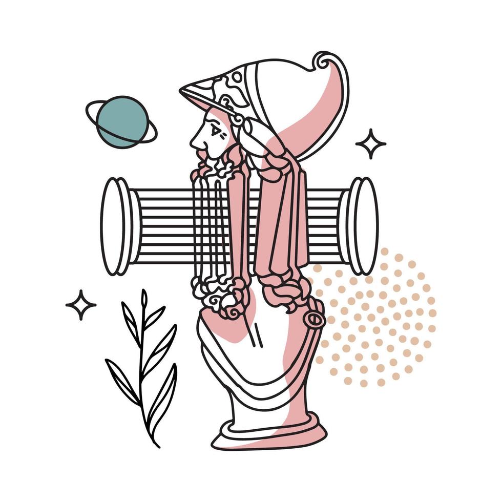 abstrakt illustration av grekisk skulptur i psykedelisk stil. skulptur av krigare i en hjälm med gammal kolumn. antiken trippy vektor koncept.