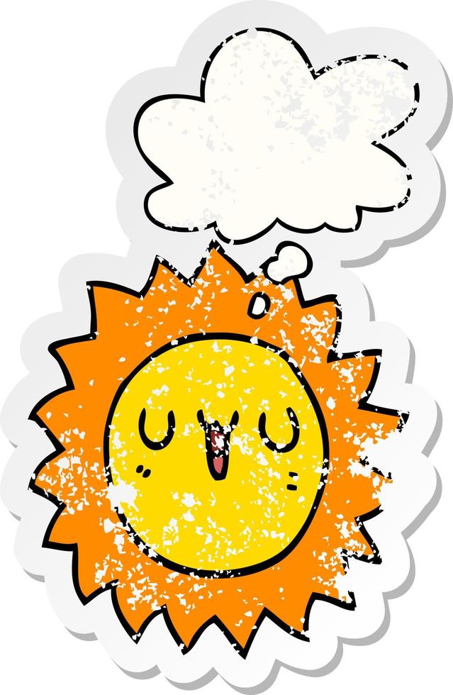 Cartoon-Sonne und Gedankenblase als beunruhigter, abgenutzter Aufkleber vektor