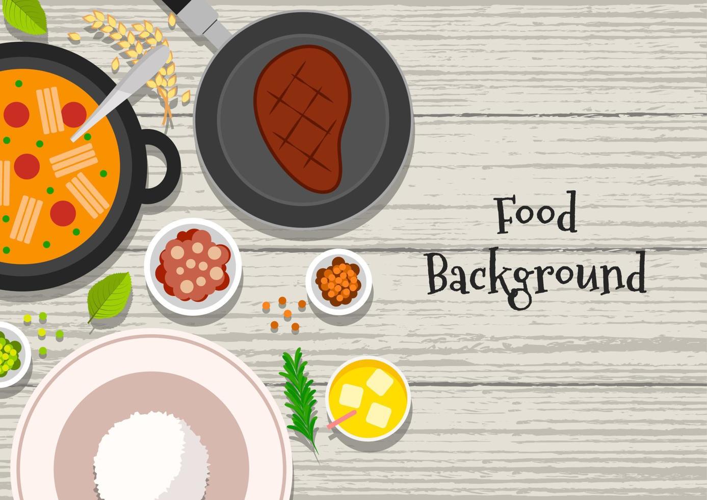 Lebensmittel-Vektor-Illustration. Hintergrund von Speisen. Essen auf einem Holztisch vektor
