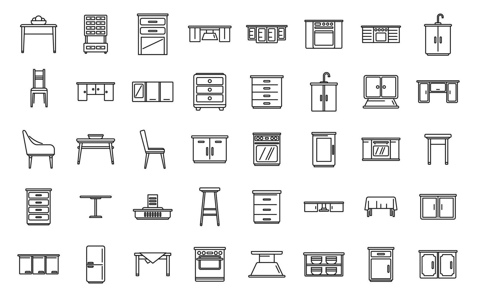 Küchenmöbel-Symbole setzen Umrissvektor. Wohnungskomfort vektor