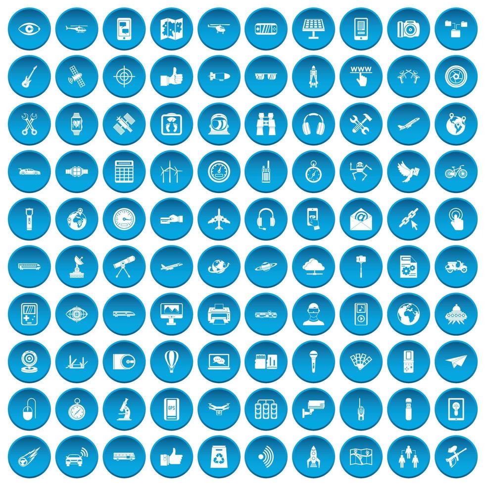 100 Wireless-Technologie-Icons blau gesetzt vektor