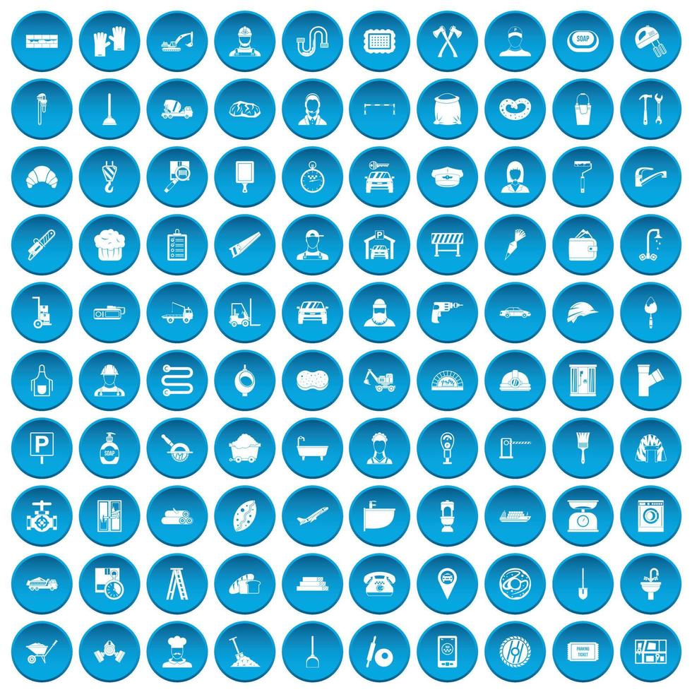 100 arbetande yrken ikoner som blå vektor