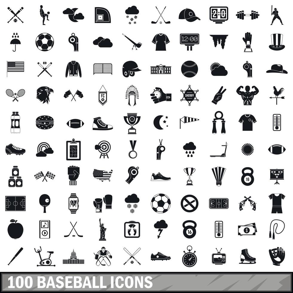 100 Baseball-Icons gesetzt, einfacher Stil vektor