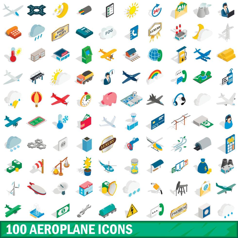100 flygplan ikoner set, isometrisk 3d-stil vektor