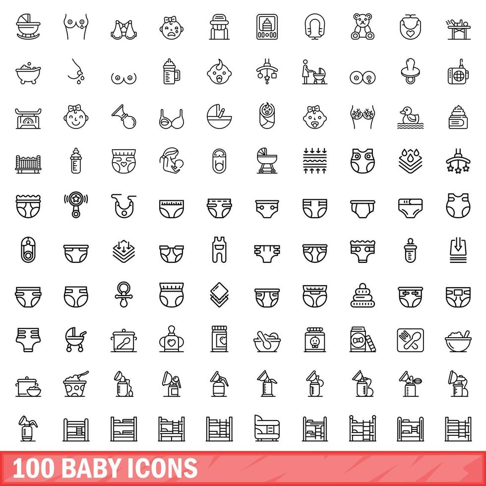 100 Baby-Icons gesetzt, Umrissstil vektor