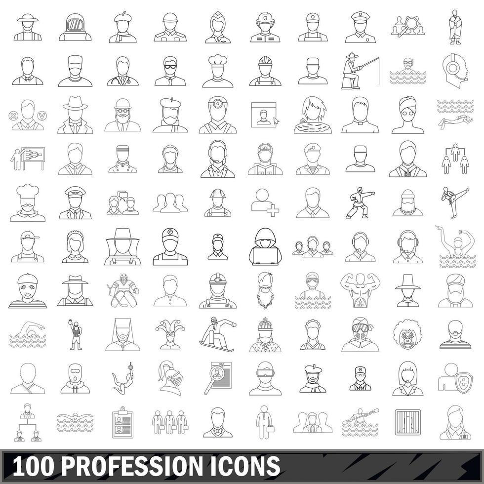 100 yrke ikoner set, kontur stil vektor