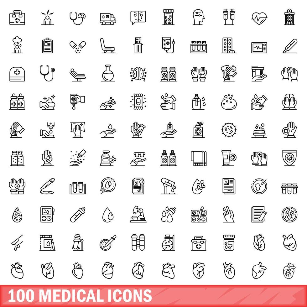 100 medicinska ikoner set, konturstil vektor