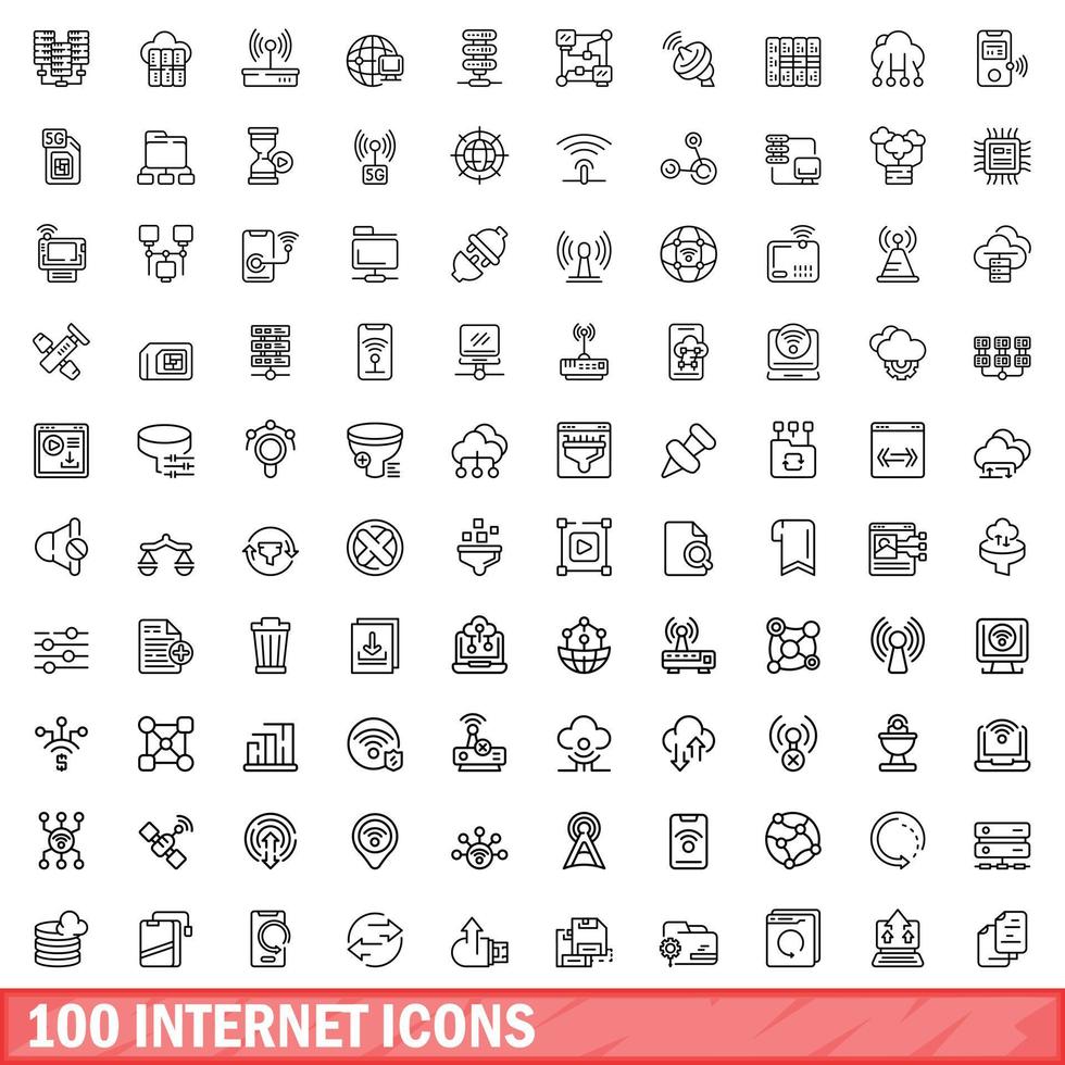 100 internet ikoner set, konturstil vektor