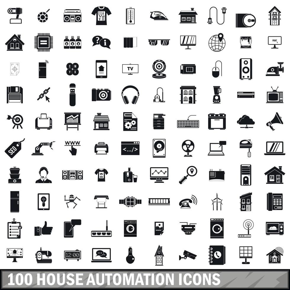 100 Hausautomationssymbole gesetzt, einfacher Stil vektor