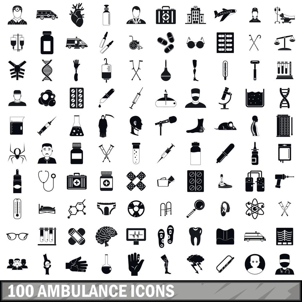 100 Krankenwagen-Icons gesetzt, einfacher Stil vektor