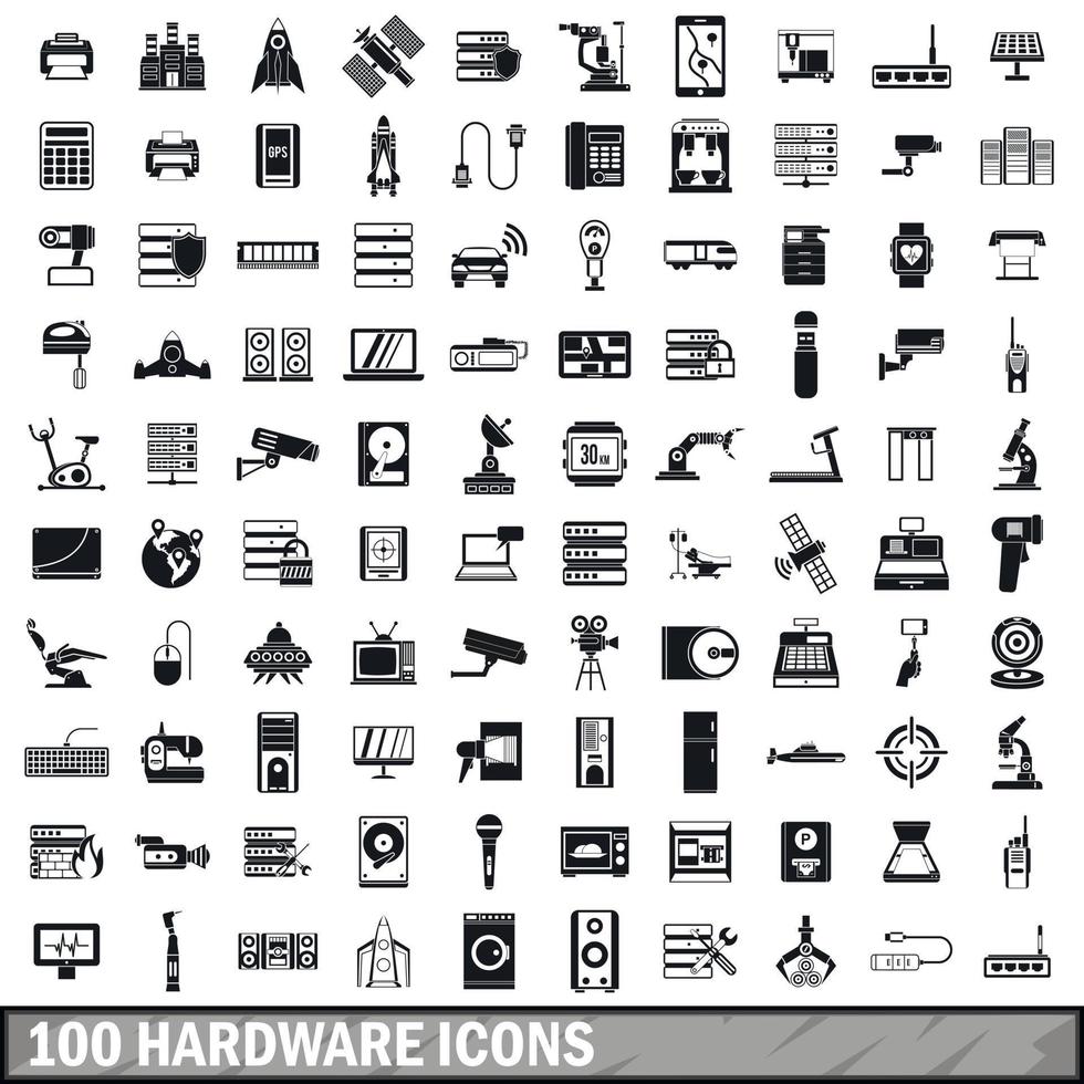100 Hardware-Icons gesetzt, einfacher Stil vektor