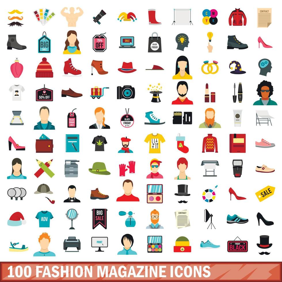 100 Modemagazin-Icons gesetzt, flacher Stil vektor