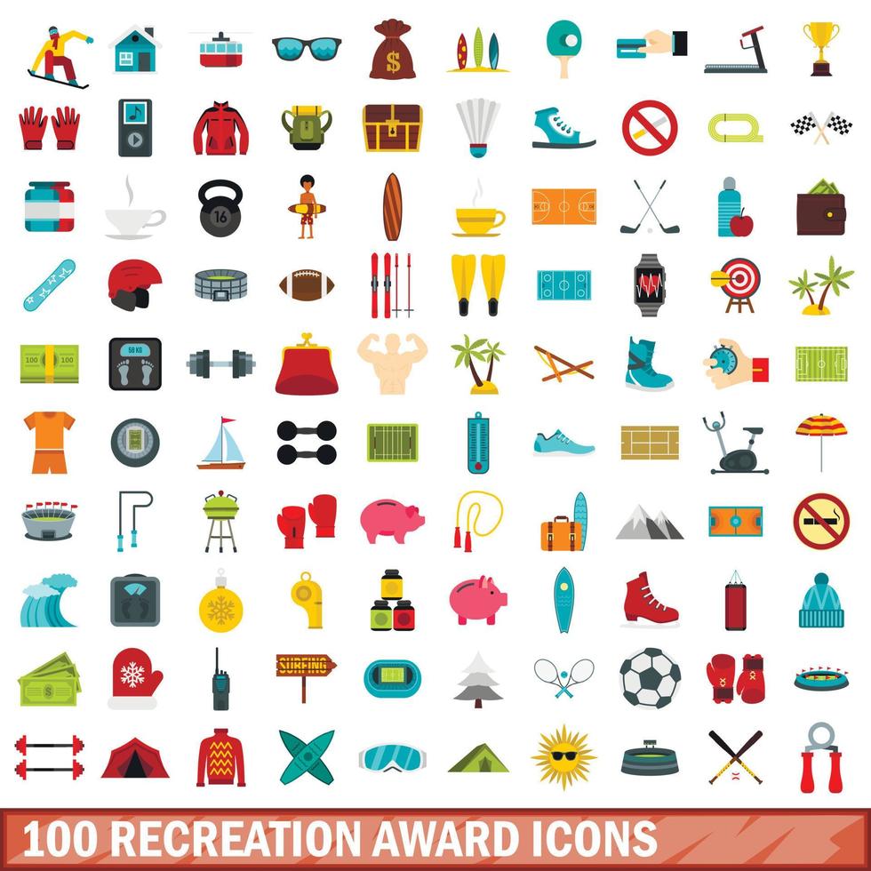 100 Erholungspreis-Icons gesetzt, flacher Stil vektor