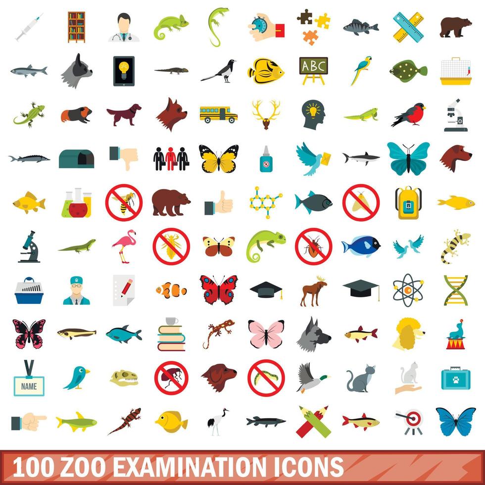 100 zoo undersökning ikoner set, platt stil vektor