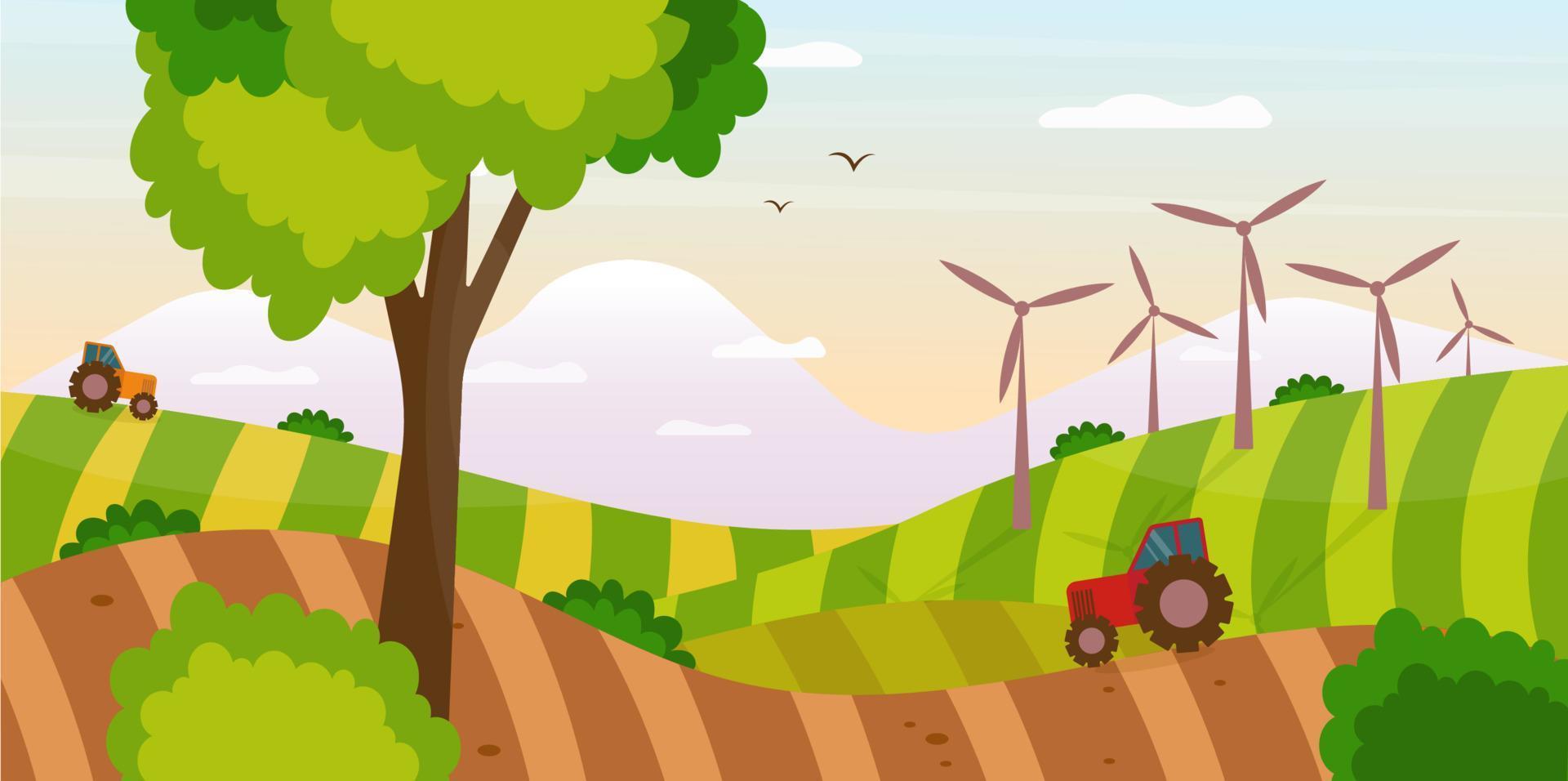 Traktoren arbeiten auf landwirtschaftlichen Feldern mit wachsenden alternativen Kraftstoffressourcen. Windenergiekonzept, Rapsenergiekonzept. vektor