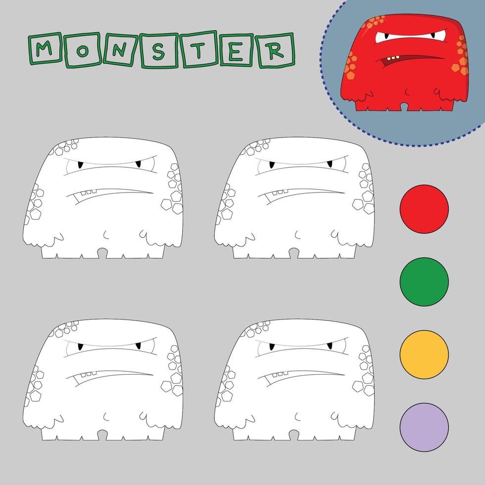 Malbuch eines bunten Monsters. pädagogische kreative Spiele für Kinder im Vorschulalter vektor