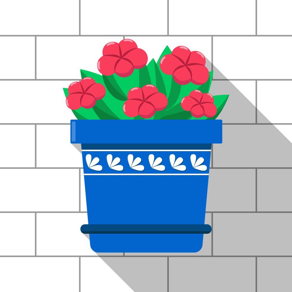 Vektor bunte Pflanze im blauen Topf auf hellem Backsteinmauerhintergrund. rote Blüten und grüne Blätter. heller Blumentopf an der Wand